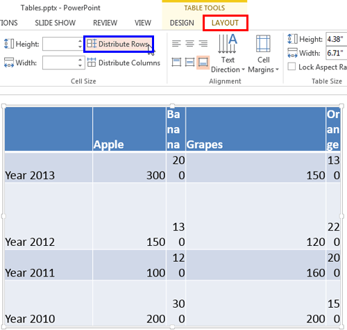 Distribute Rows button within the Table Tools Layout tab