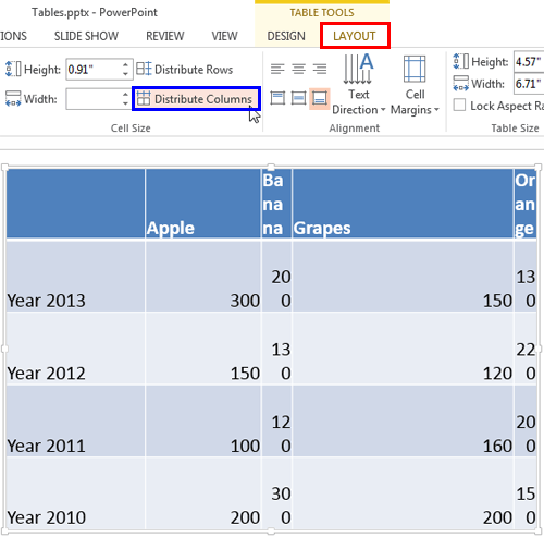 Distribute Columns button within the Table Tools Layout tab