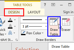 Draw Table button within the Table Tools Design tab