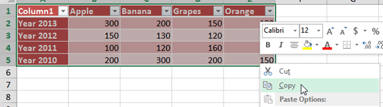 Copy the required Excel content Copy the required Excel content