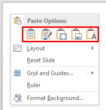Paste Options for the copied Excel content Paste Options for the copied Excel content