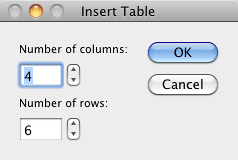 Insert Table dialog box