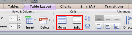 Merge and Split options for the table