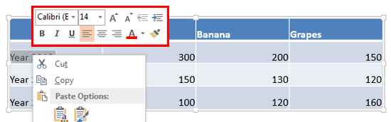 Mini Toolbar options for text within table