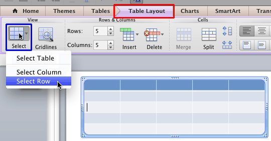 Select Row option within the Table Layout tab Select Row option within the Table Layout tab