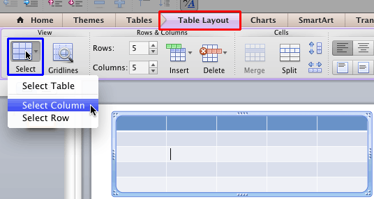 Select Column option within the Table Layout tab
