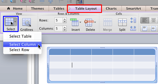 Select Column option within the Table Layout tab Select Column option within the Table Layout tab