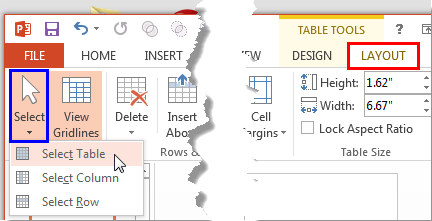 Select Table option to be selected Select Table option to be selected