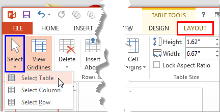 Select Table option to be selected