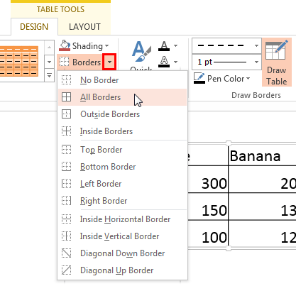 All Borders option to be selected All Borders option to be selected