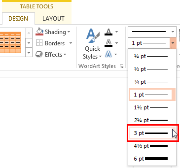 Pen Weight drop-down menu