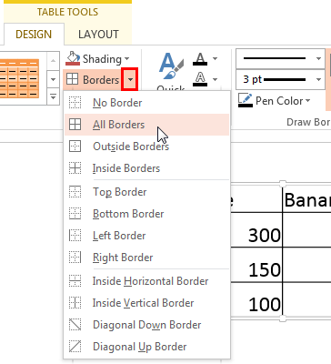 All Borders option to be selected All Borders option to be selected