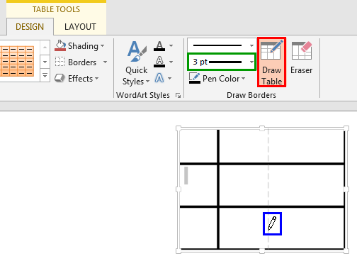 Table being drawn with the Pen Weight selected