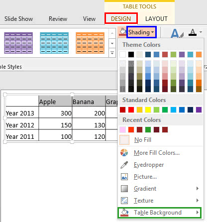 Shading drop-down gallery Shading drop-down gallery