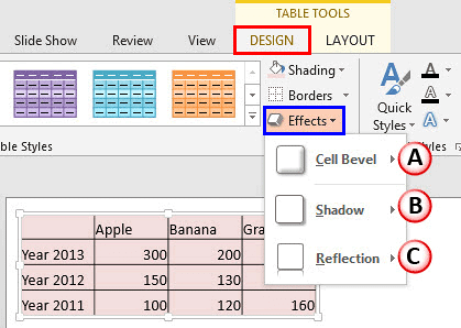 Effects drop-down gallery