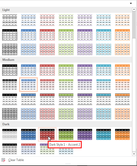 New style selected within the Table Styles drop-down gallery New style selected within the Table Styles drop-down gallery