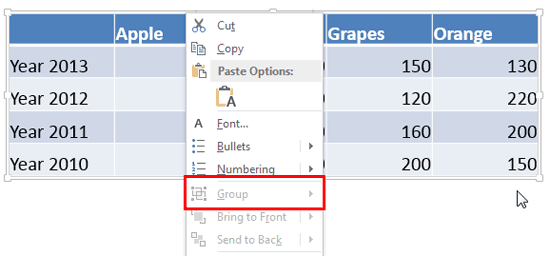 Group option greyed out for the Table in PowerPoint 2013