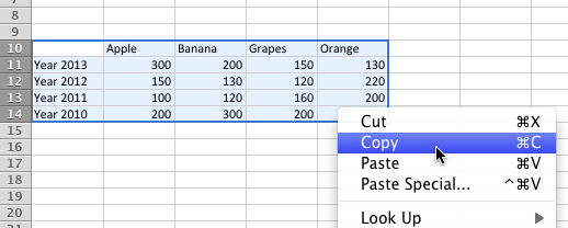 Copy the required Excel content