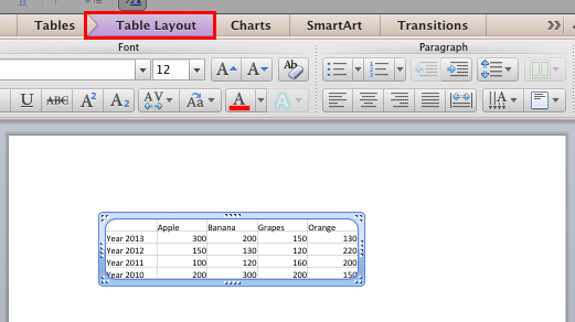 Excel content pasted as a native PowerPoint table