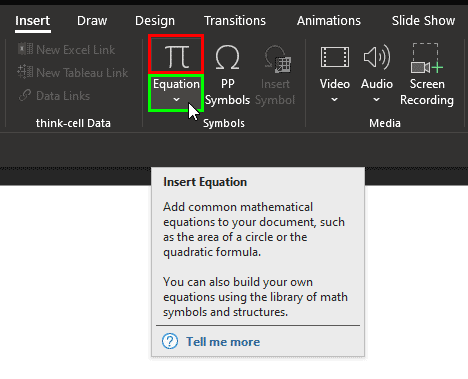 The Equation button is essentially two buttons The Equation button is essentially two buttons
