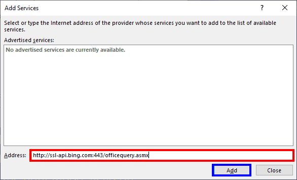 Add Services dialog box in the Research Pane in PowerPoint 365 for Windows