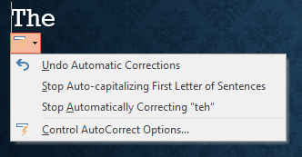 AutoCorrect SmartTag menu in PowerPoint 365