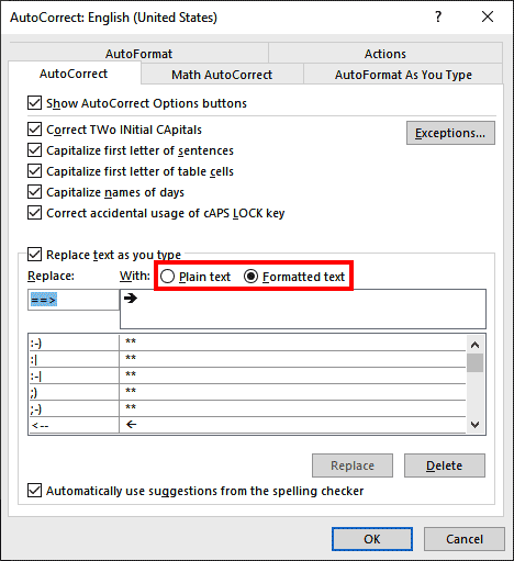 The Word AutoCorrect dialog box allows creation of formatted AutoCorrect entries