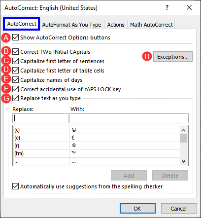 AutoCorrect tab in PowerPoint 365 for Windows AutoCorrect tab in PowerPoint 365 for Windows