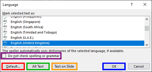 Change the language of selected text in PowerPoint 365