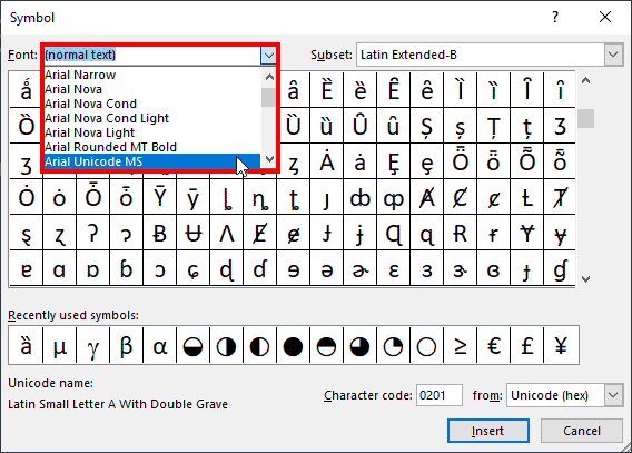 Set the chosen font to Arial Unicode in the Symbol dialog box