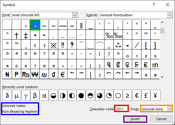 Use settings shown in the Symbol dialog box