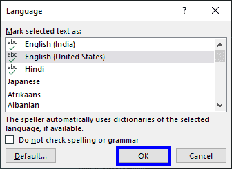 Language dialog box in PowerPoint 365 for Windows