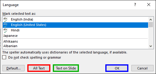 Language dialog box using think-cell in PowerPoint 365 for Windows