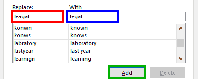 Entries within the Replace and With text boxes for a new word pair