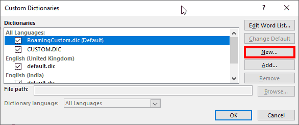 Custom Dictionaries dialog box
