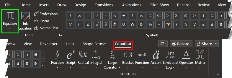The Equation tab of the Ribbon contains extensive equation options The Equation tab of the Ribbon contains extensive equation options