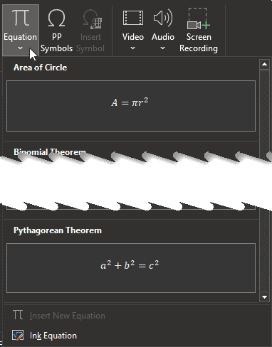 The Equation gallery contains ready-to-use equations The Equation gallery contains ready-to-use equations