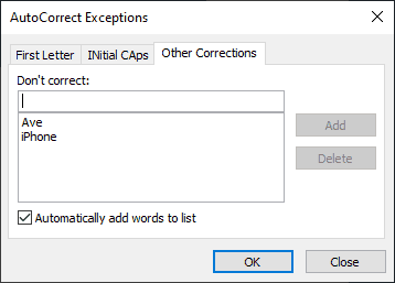 Explore the AutoCorrect Exceptions dialog box