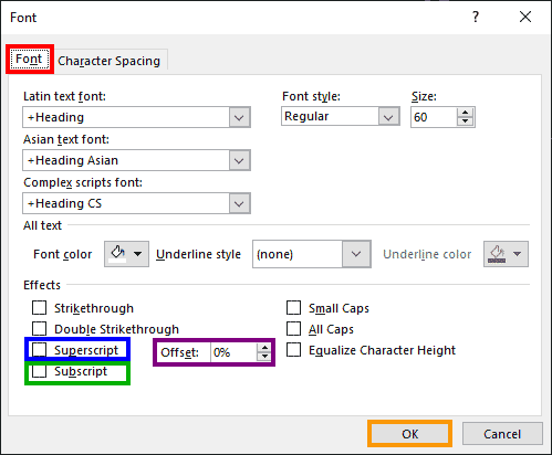 how to add superscript in powerpoint to font tab