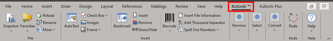 The Kutools Ribbon tab is added within Word