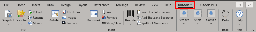 The Kutools Ribbon tab is added within Word The Kutools Ribbon tab is added within Word