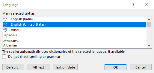 Language dialog box in PowerPoint 365