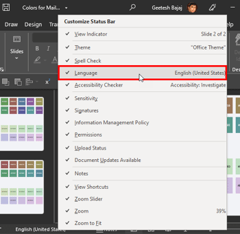 Language Options on the Status Bar in PowerPoint 365 for Windows