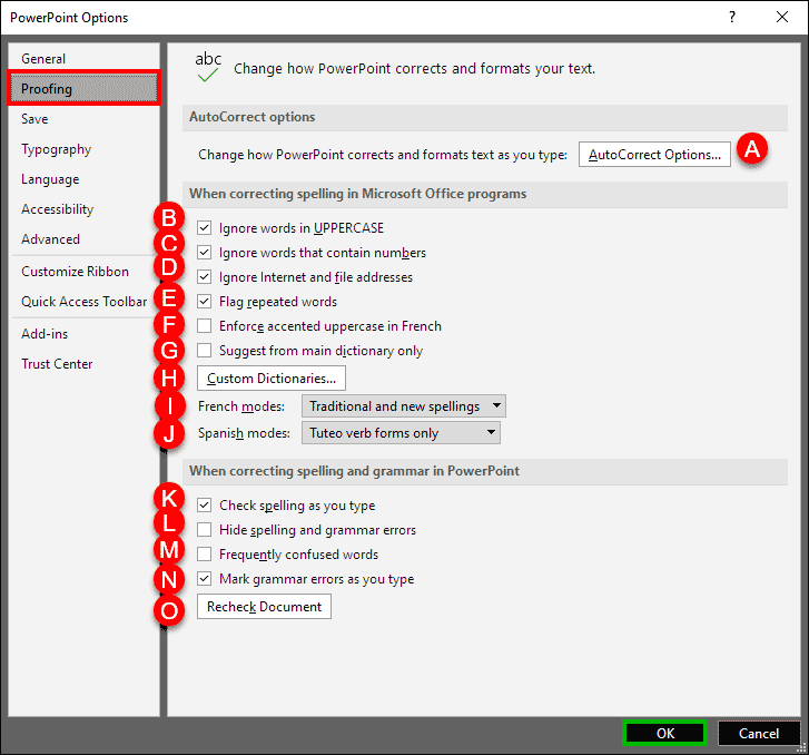 Proofing options within PowerPoint 365