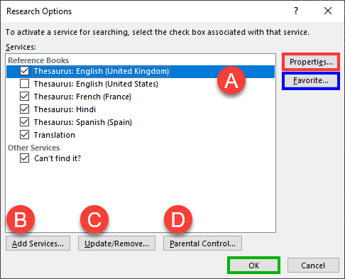 Research Options dialog box in PowerPoint 365 for Windows