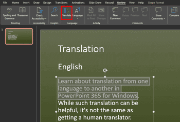 Translation in PowerPoint 365 for Windows