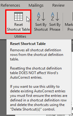 Reset all AutoCorrect entries in the Shortcut Definition Table
