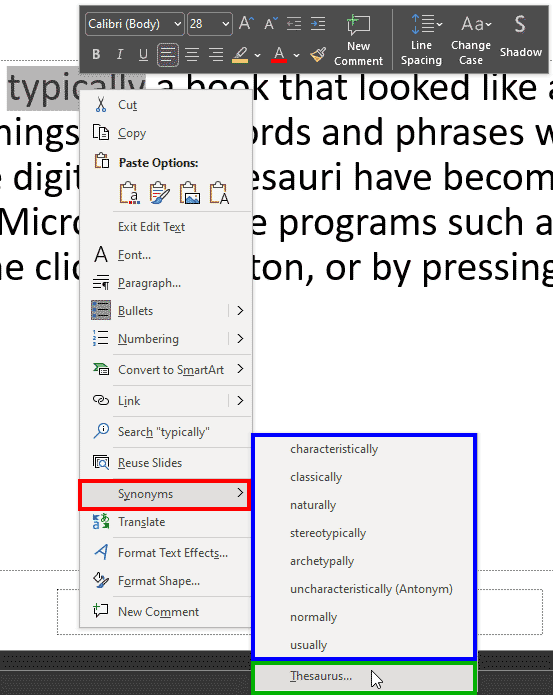 Right-click to access the Thesaurus in PowerPoint 365 for Windows