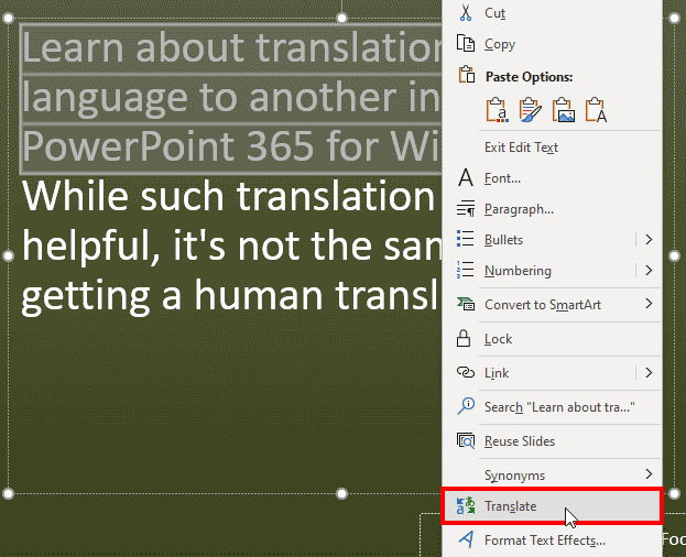 Right-click to access the Translate option in PowerPoint 365 for Windows