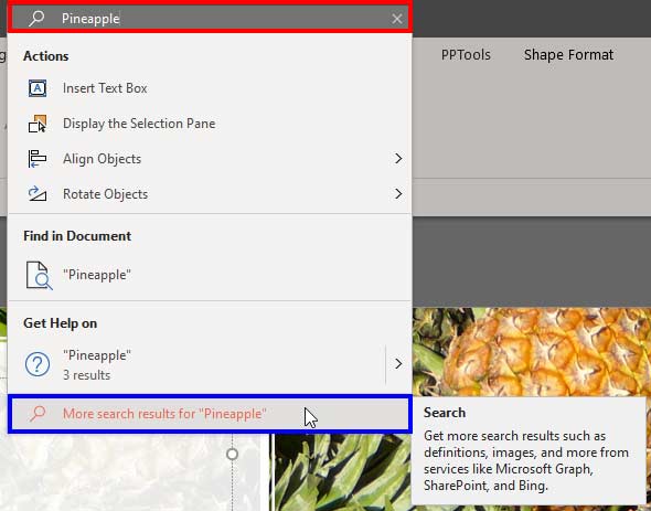 Get Help within the Search drop-down list in PowerPoint 365